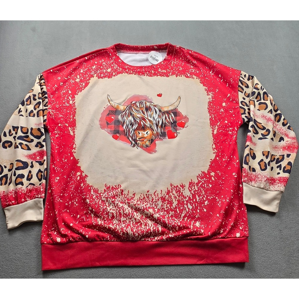 Womens Red Creme Highland Cow Light Sweatshirt Med Leopard Print Sleeve Relaxed - Picture 2 of 8